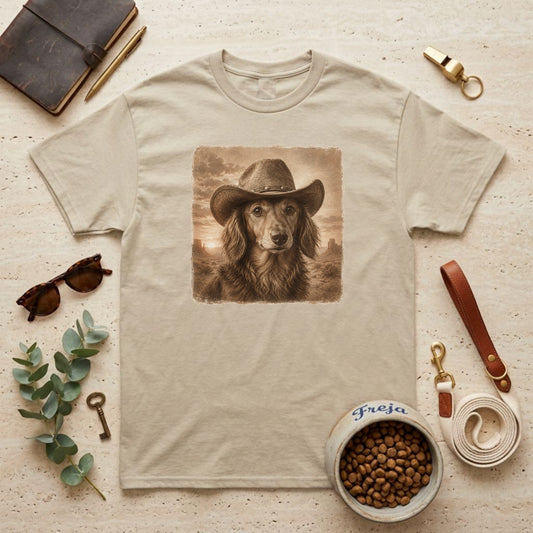 Dackel im Cowboy-Look – Unisex T-Shirt