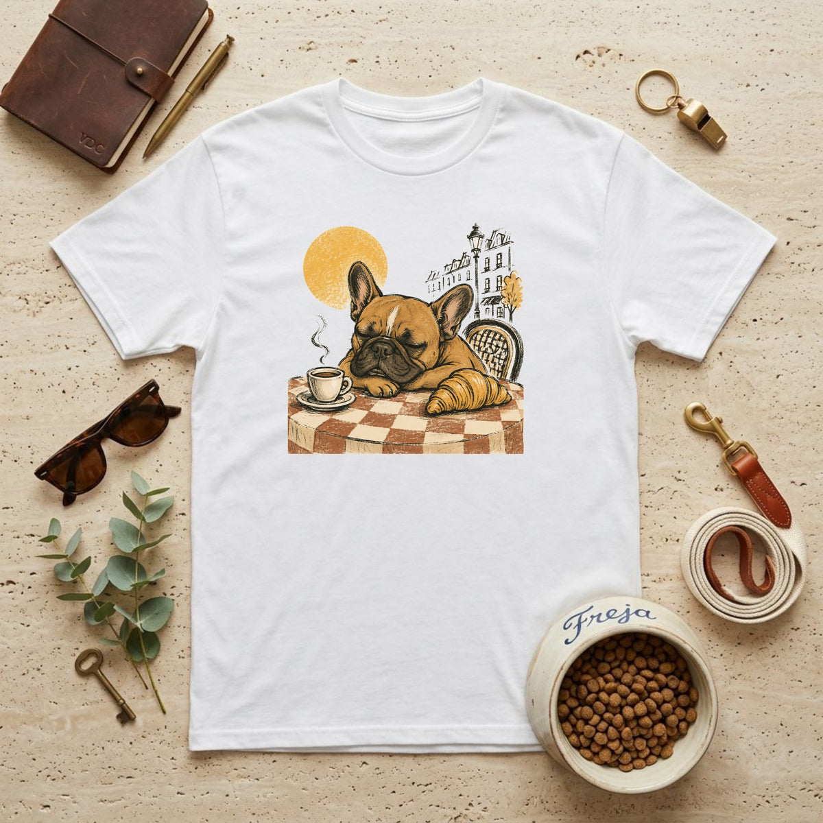 Frenchie im Café – Unisex T-Shirt