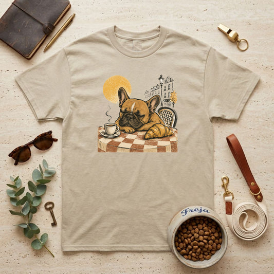 Frenchie im Café – Unisex T-Shirt