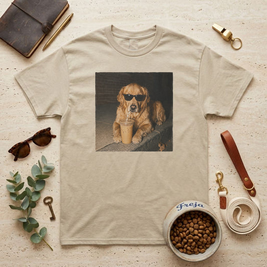 Golden Retriever mit Eiskaffee – Unisex T-Shirt