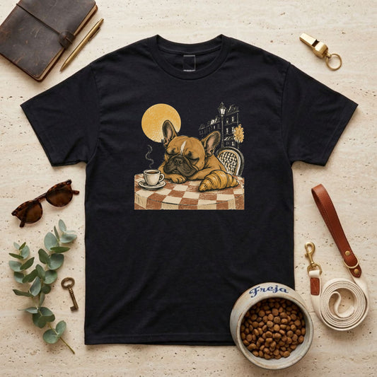 Frenchie im Café – Unisex T-Shirt